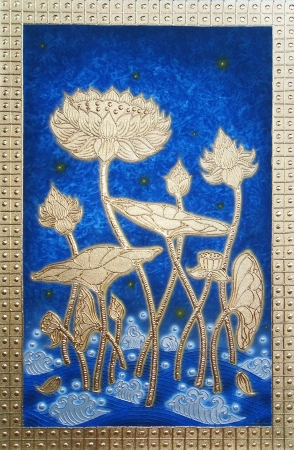 Authentic-Thai-Handmade-Canvas-Painting-Golden-Lotus-Flower
